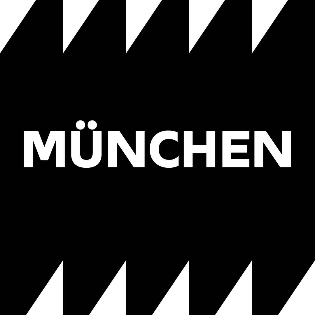A social media tile in black and white: the word Munich is written on a jagged background.