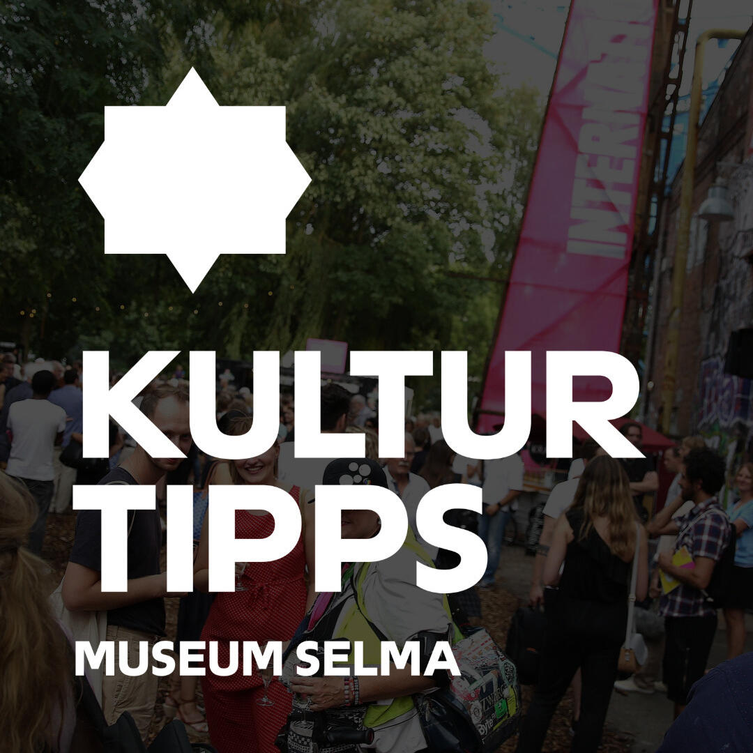 Instagram slide on cultural tips, inscription Kulturtipps Museum Selma, background photo of an event.